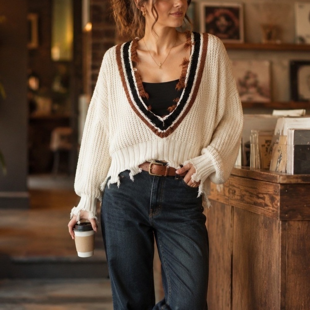Windsor Women Cream Distressed V-Neck Chunky Knit Sweater Small Varsity Stripe